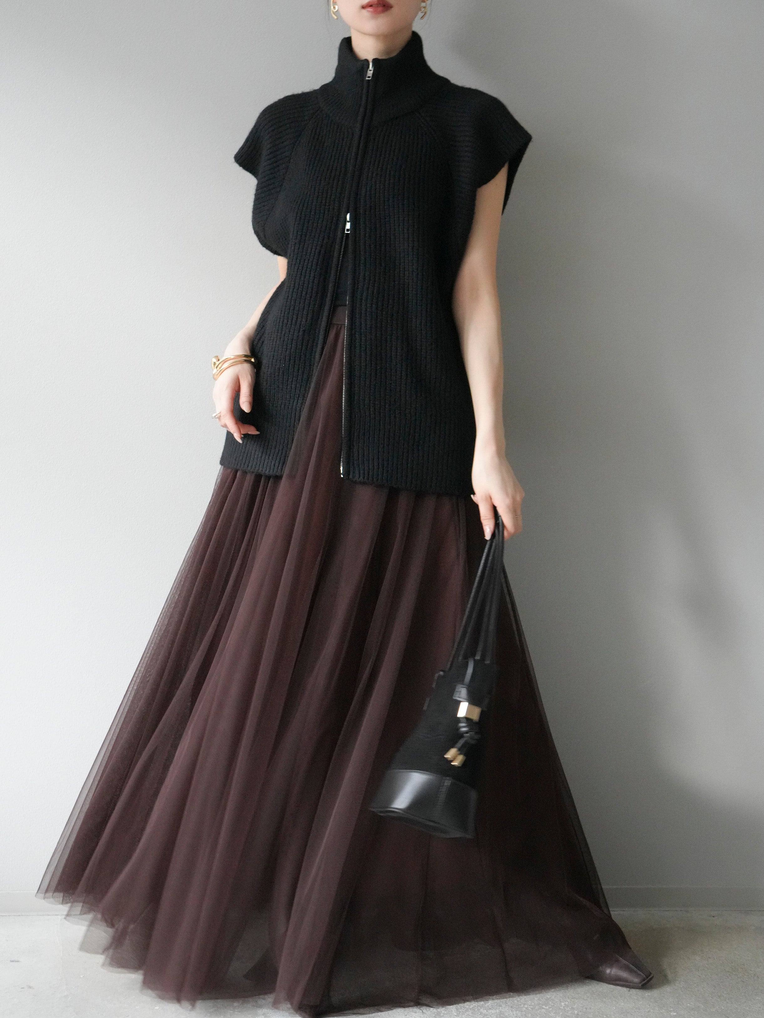 予約]ダブルZIPハイネック畦編みニットベスト/ブラック – Lumier