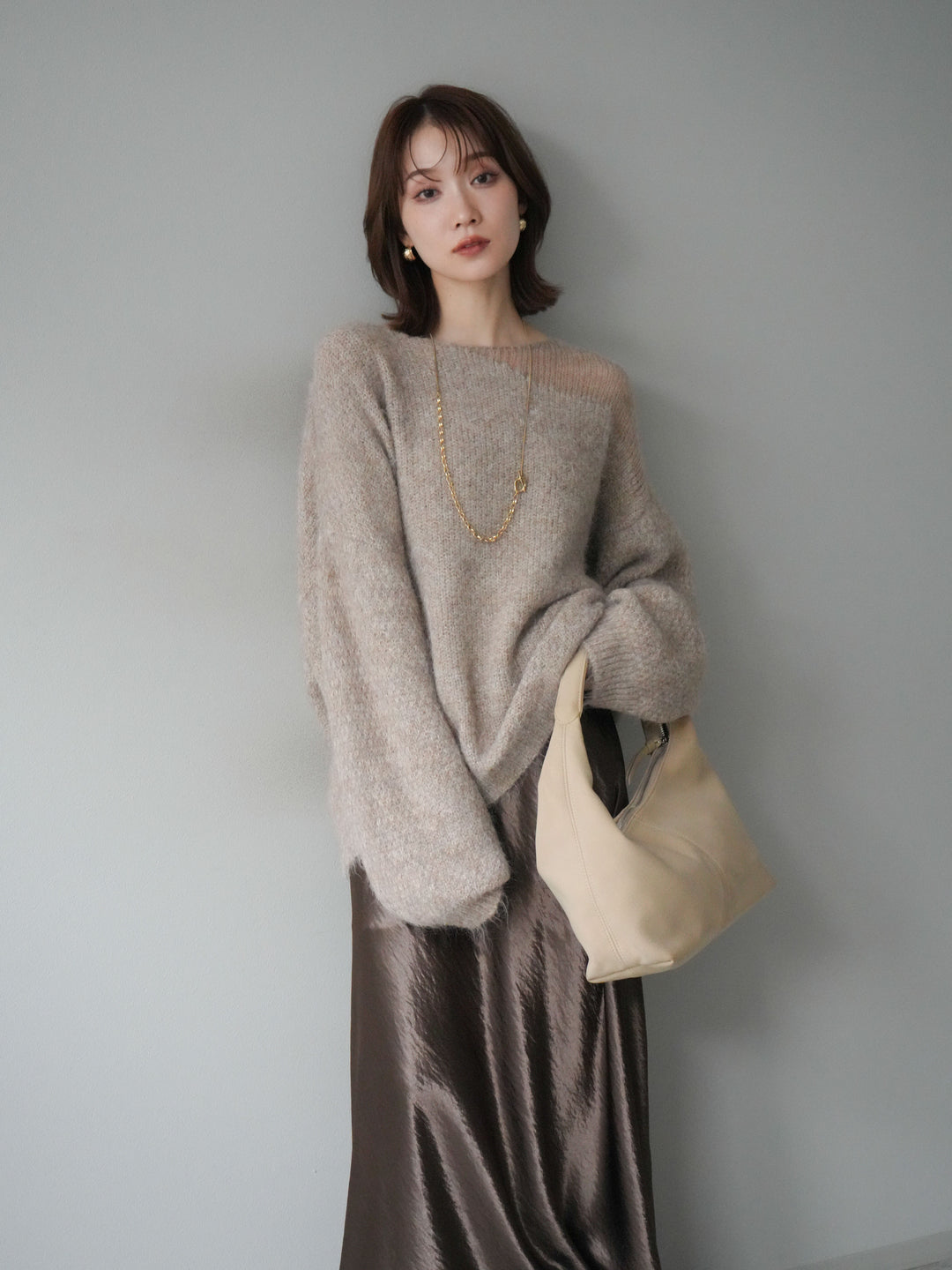 [予約]ネック透かし編みニットプルオーバー/ベージュ