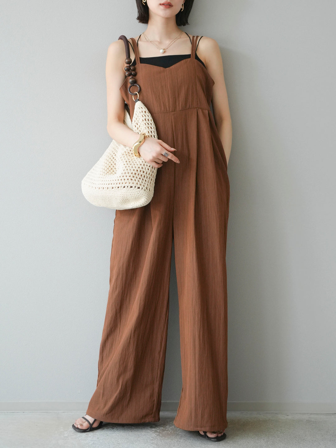 [SET]リネンライクビスチェデザインサロペット+ダブルストラップカットリブブラキャミソール(2set)