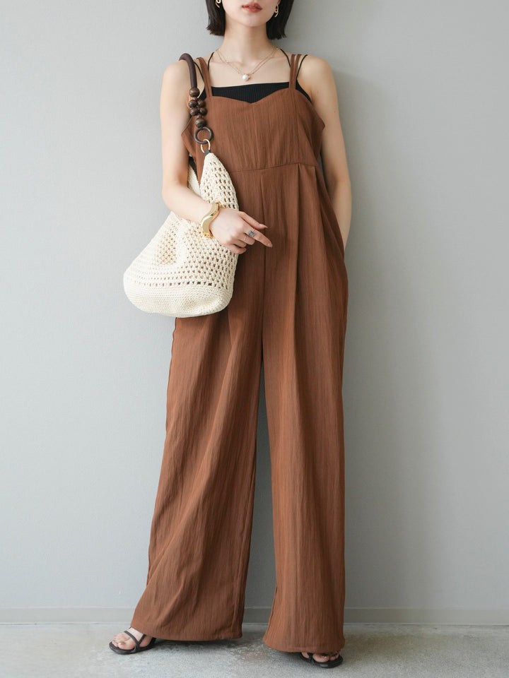 [SET]リネンライクビスチェデザインサロペット+ダブルストラップカットリブブラキャミソール(2set)