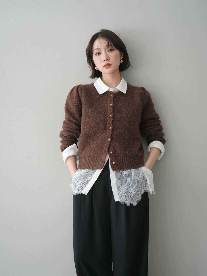 [SET]ゴールドボタンブークレニットカーディガン+総レースボリュームスリーブシャツ(2set)