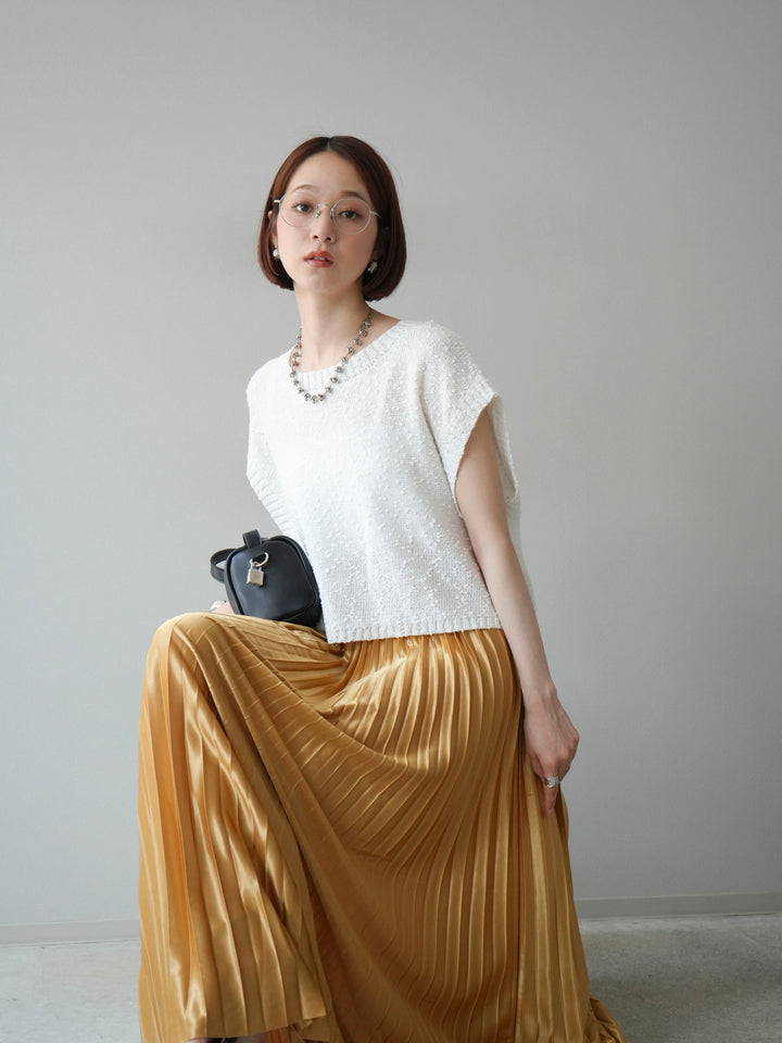 [SET]ネップヤーンクロップドニットベスト+サテンプリーツマキシスカート(2set)