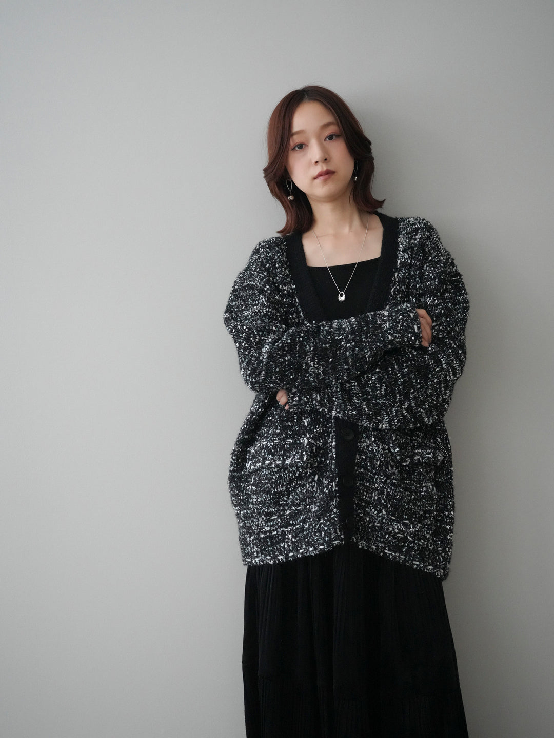 [SET]モールネップニットカーディガン+ベロアティアードワッシャースカート(2set)