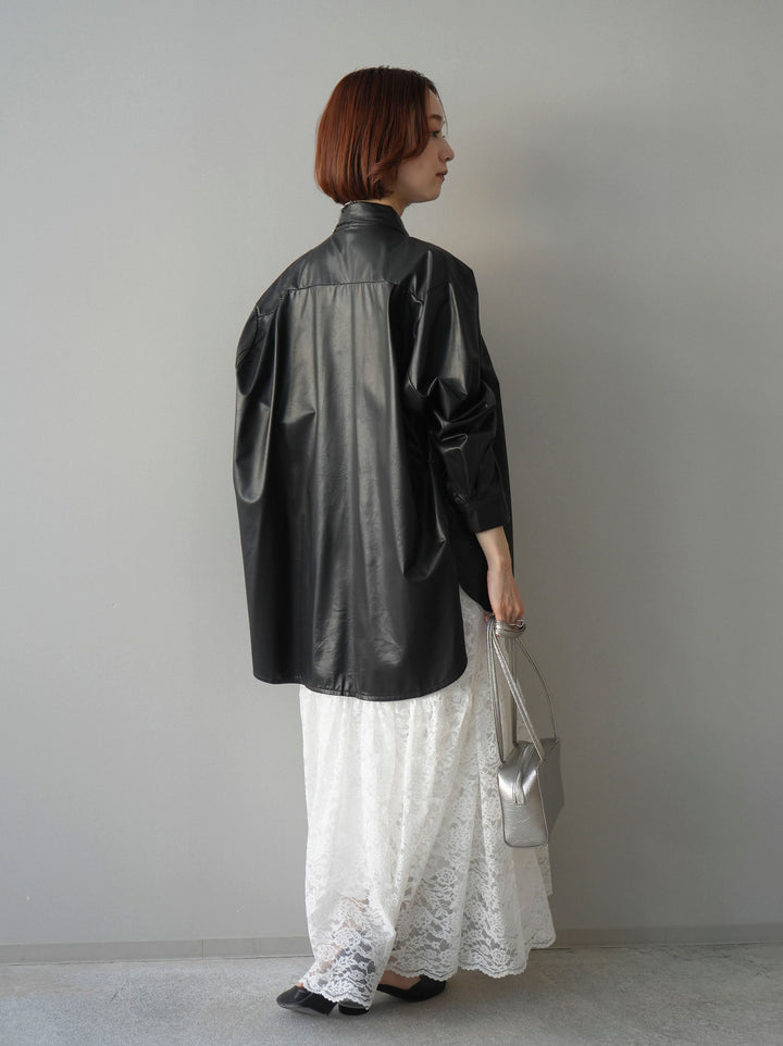 [SET]ギャザー切替レースキャミワンピース+フェイクレザーボウタイブラウス(2set)