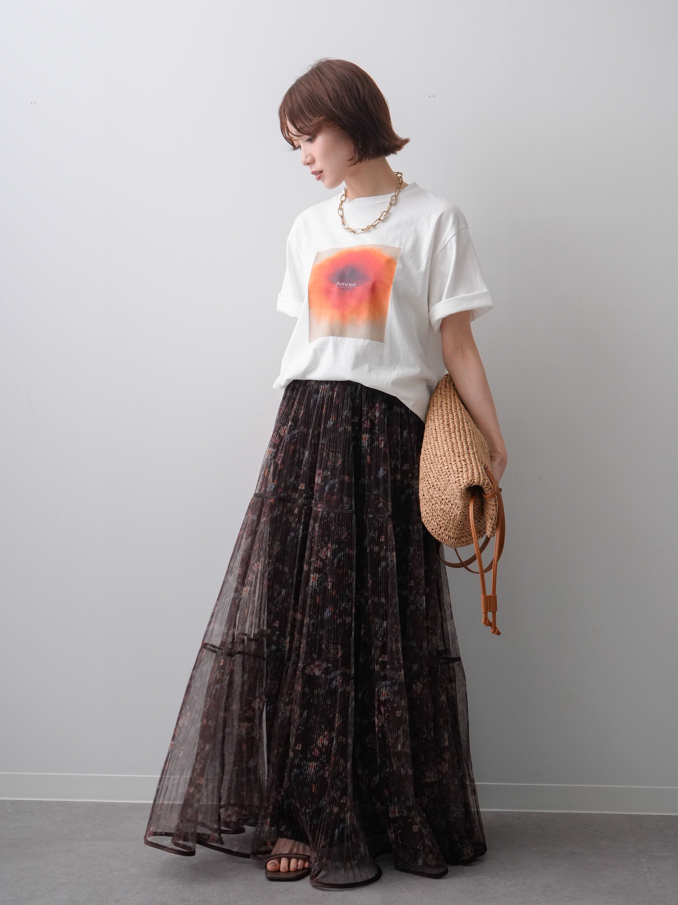 SET]ニュアンスフローラルフォトTEE+フラワーチュールギャザースカート