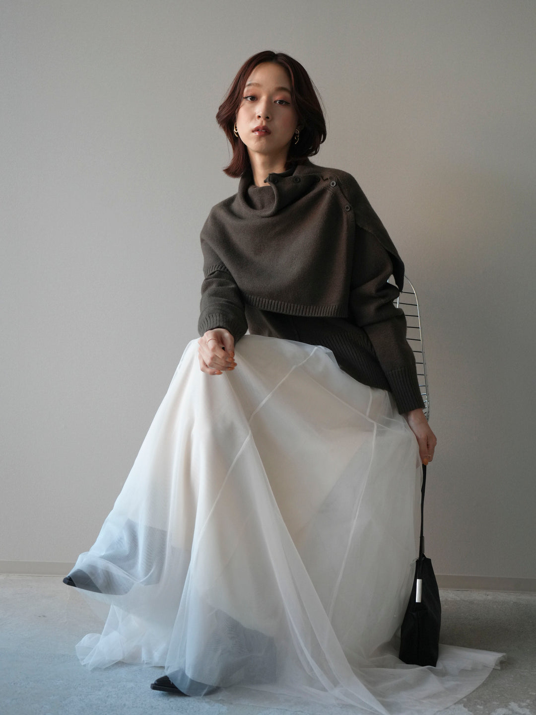 [予約]フロントスリットネックアンサンブルニット/khaki