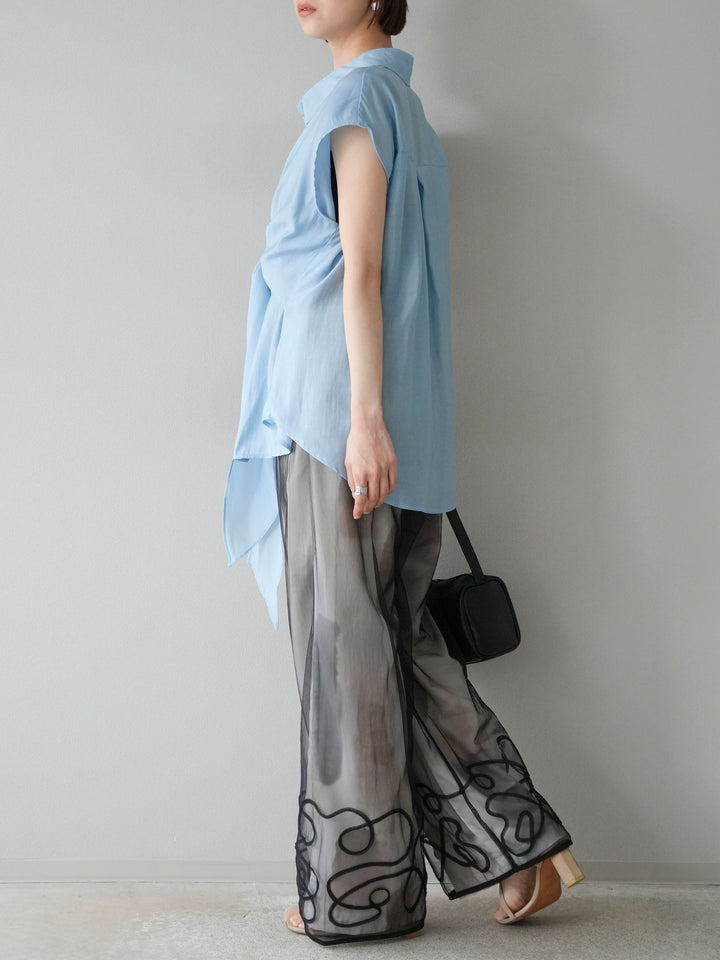 [SET] 前繫帶透視上衣 + 水彩藝術休閒褲 + 繩繡薄紗疊穿褲 (3 件套)