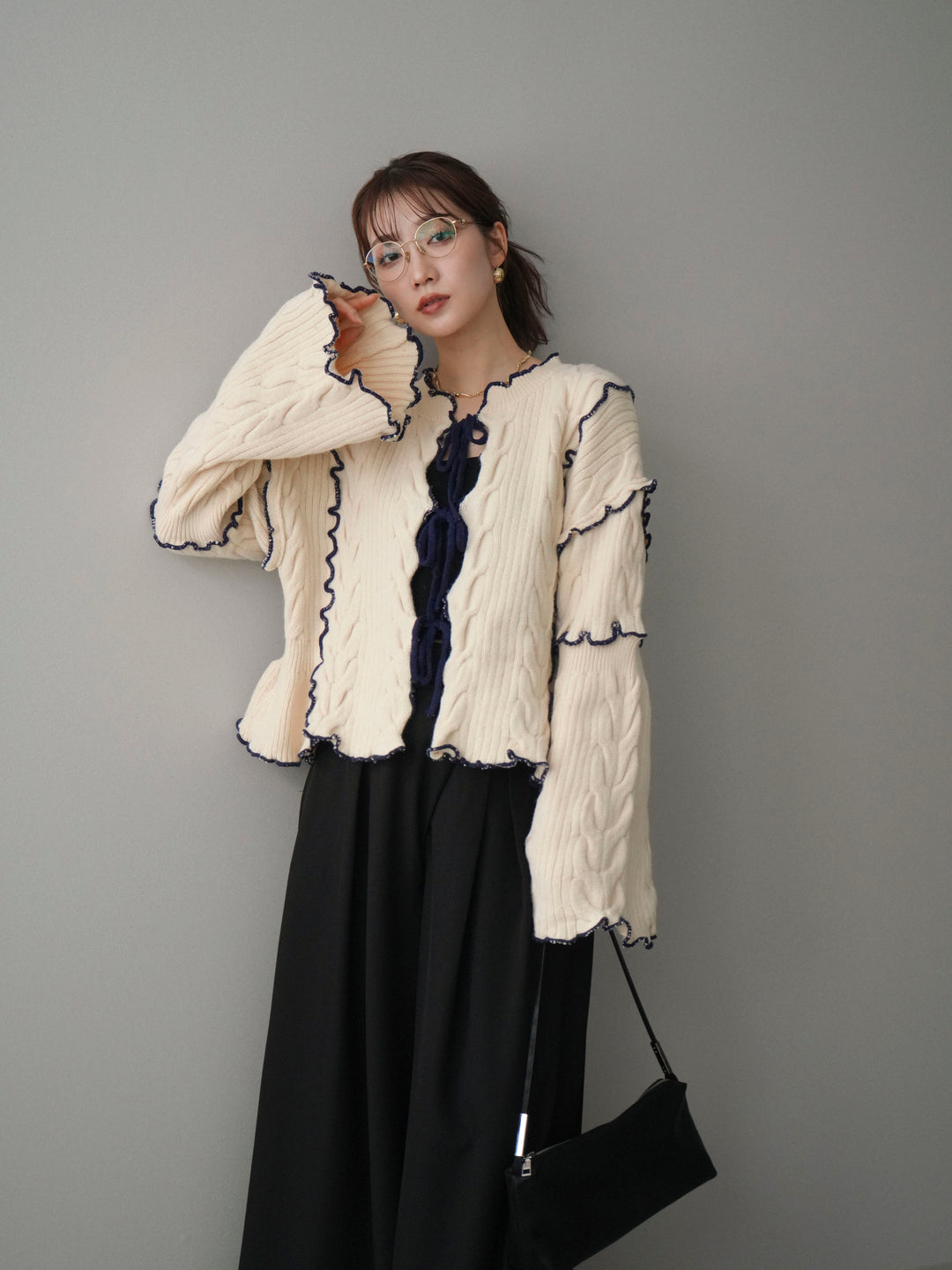 [SET]フロントリボン配色メローニットカーディガン+フロントリボン配色メローニットカーディガン(2set)