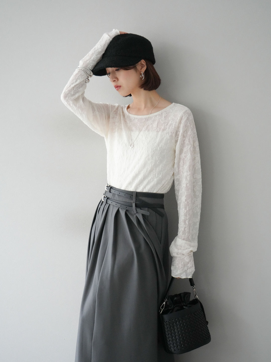 [SET]シアージャガードトップス+エステルプリーツスリットスカート(2set)