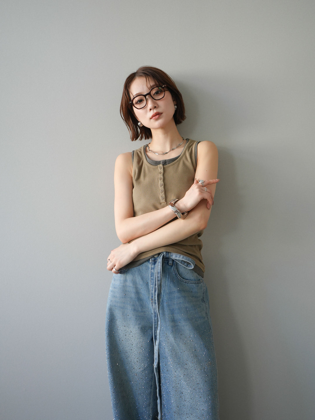 [SET]配色リブヘンリータンクトップ+ウエストベルトビジューワイドデニムパンツ(2set)