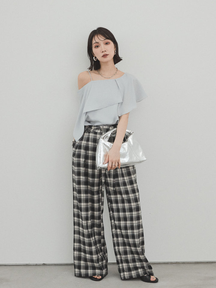 [SET]ワンショルラッフルブラウス+チェック柄ワイドパンツ(2set)