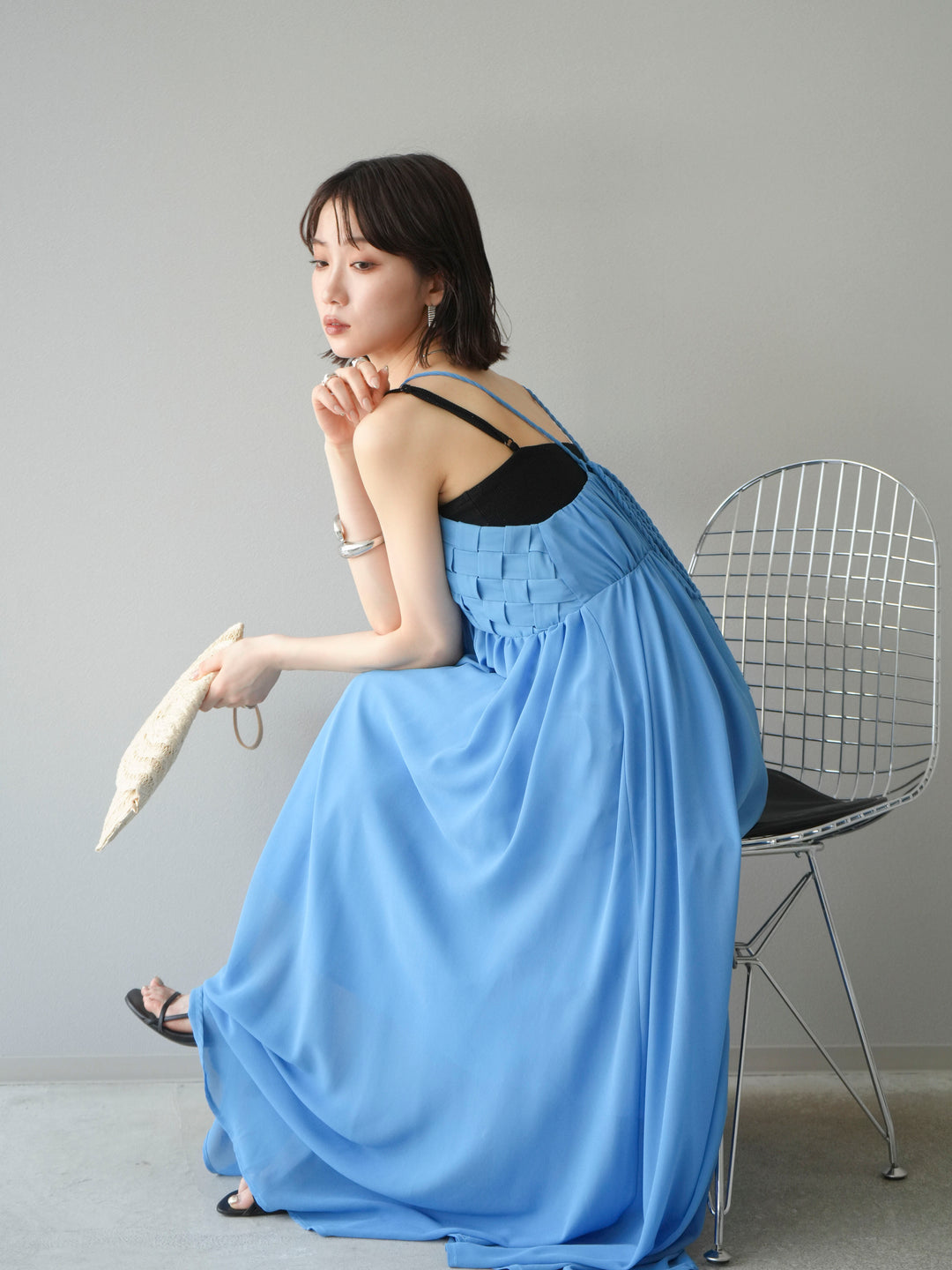 [SET]編み込みデザインシフォンワンピース+カップ付テレコリブベアキャミソール(2set)