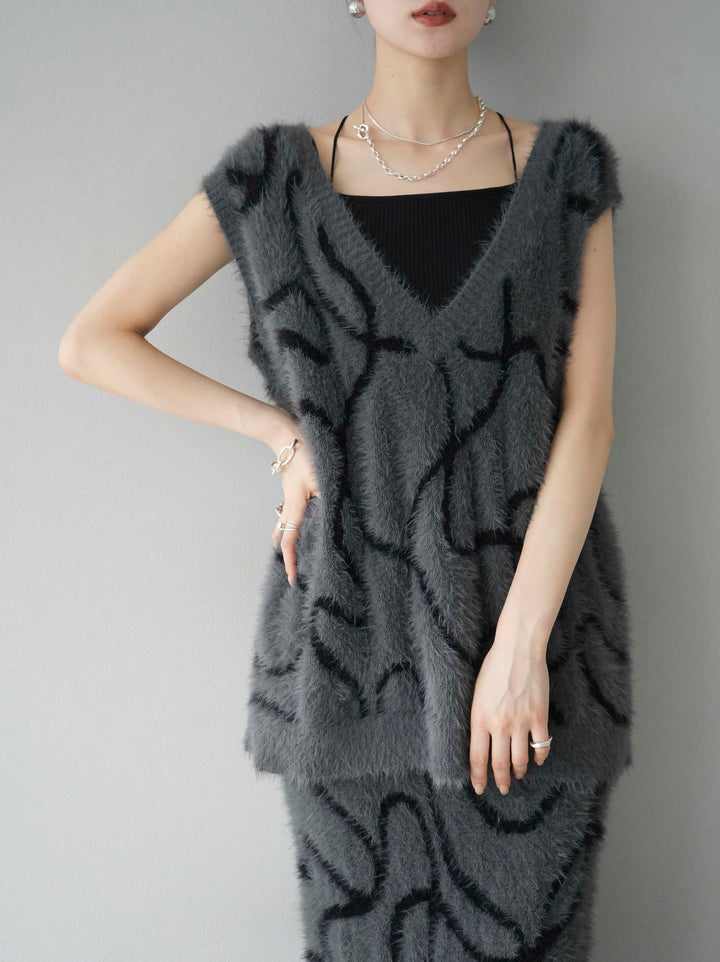 [SET] 線狀毛絨針織背心 + 線狀毛絨針織裙 (2套)