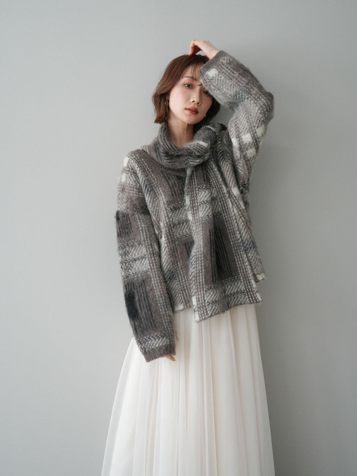 [予約]ストール付シャギーチェックニットプルオーバー/brown