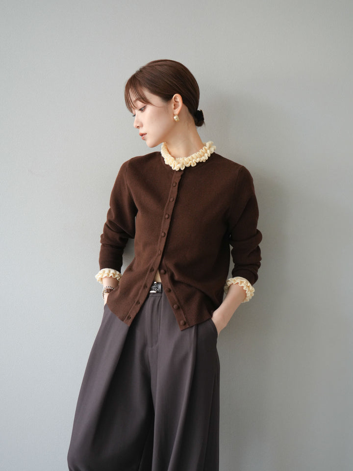 [予約]フリルデザインコンパクトニットカーディガン/ブラウン