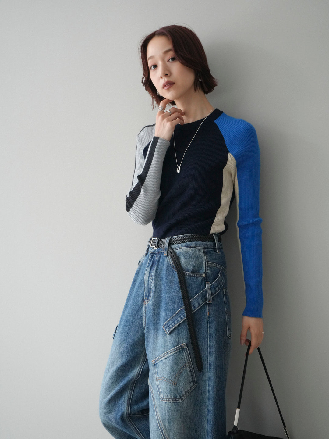 [SET]バイカラーラグランニットトップス+選べるアクセセット(2set)