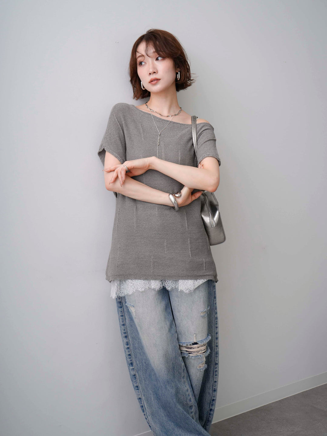 [予約]スラッシュ加工フレンチニットトップス/gray