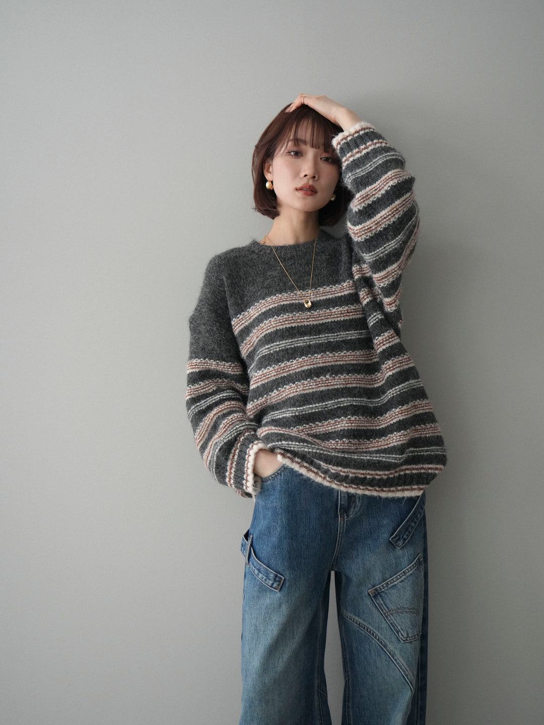 [予約]ステッチボーダーニットプルオーバー/gray