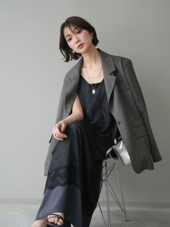 [SET]サテンレースレイヤードキャミワンピース+リネンタッチオーバージャケット(2set)