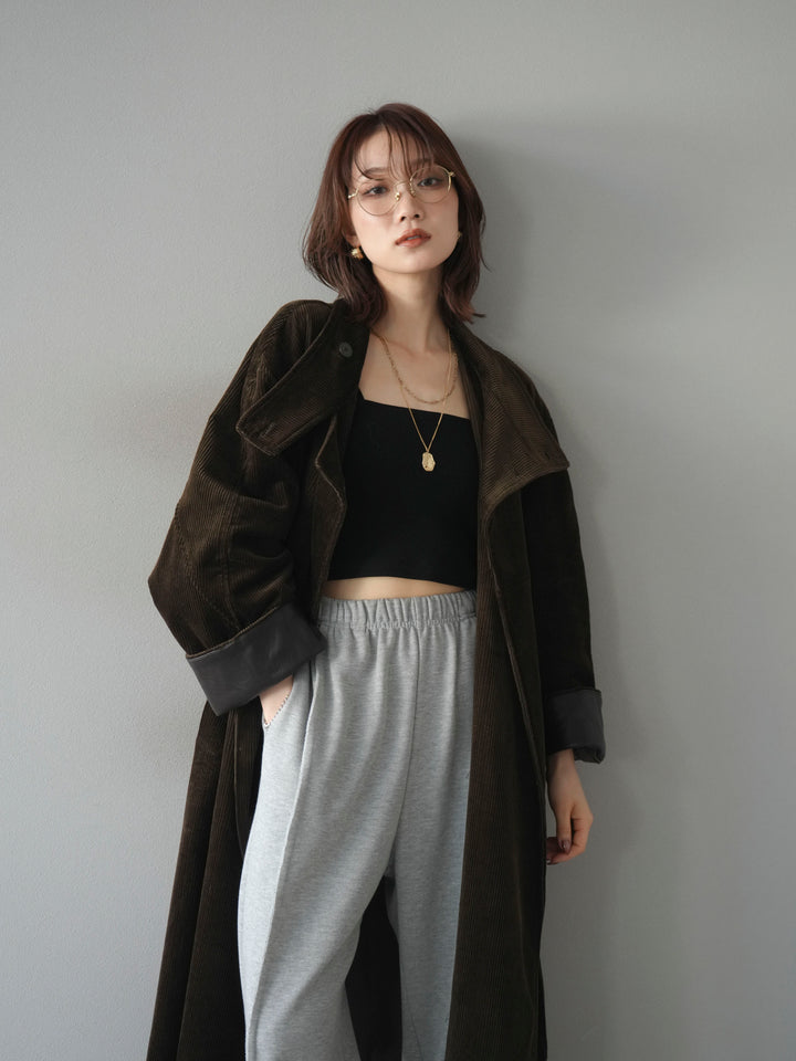 [予約]コーデュロイ折り返しレザーロングコート/khaki
