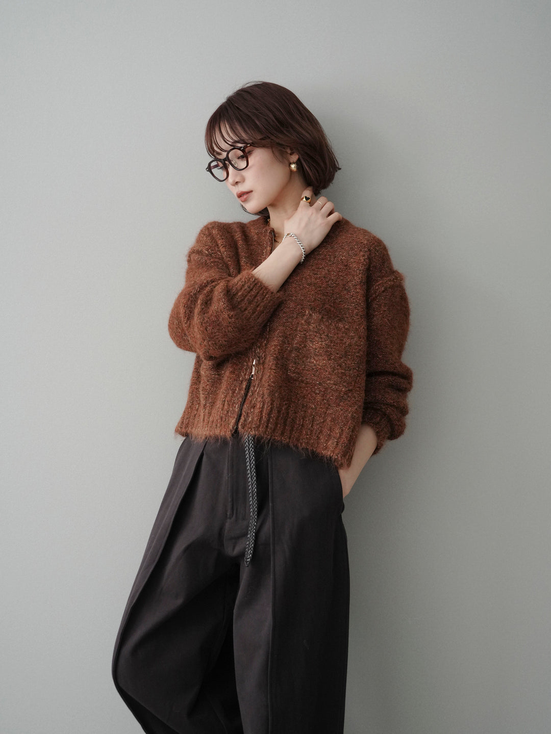 [SET]ミックスヤーンダブルZIPニットカーディガン+選べるアクセセット(2set)