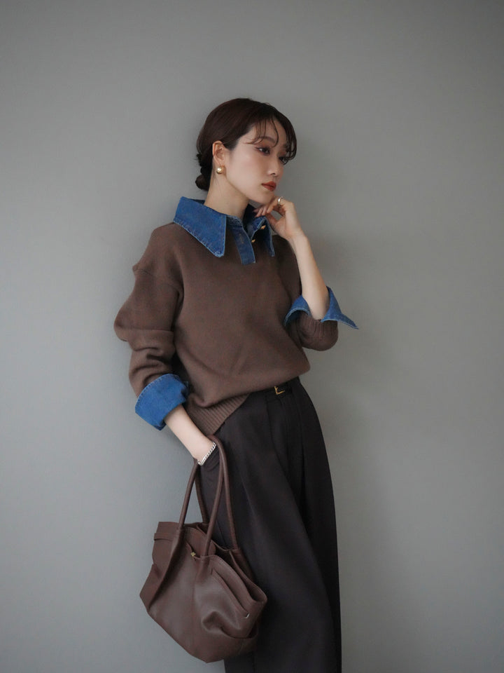 【預購】牛仔領polo針織套頭衫/棕色