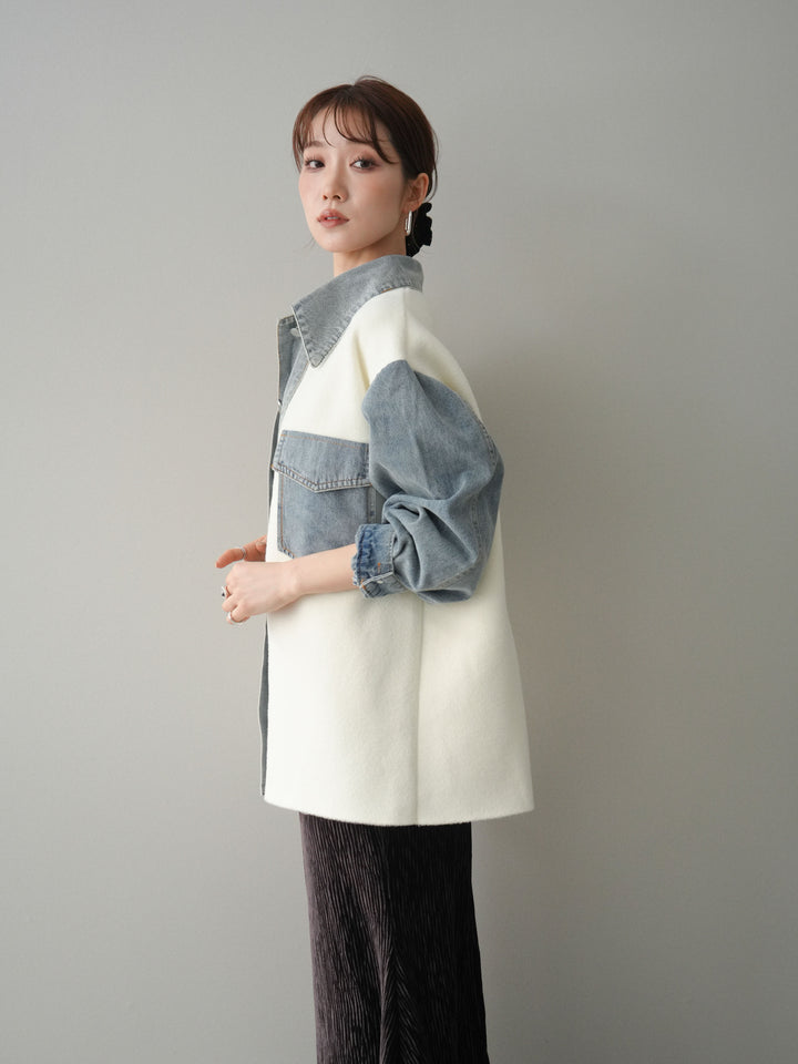 [予約]デニム襟ダブルフェイスニットカーディガン/white