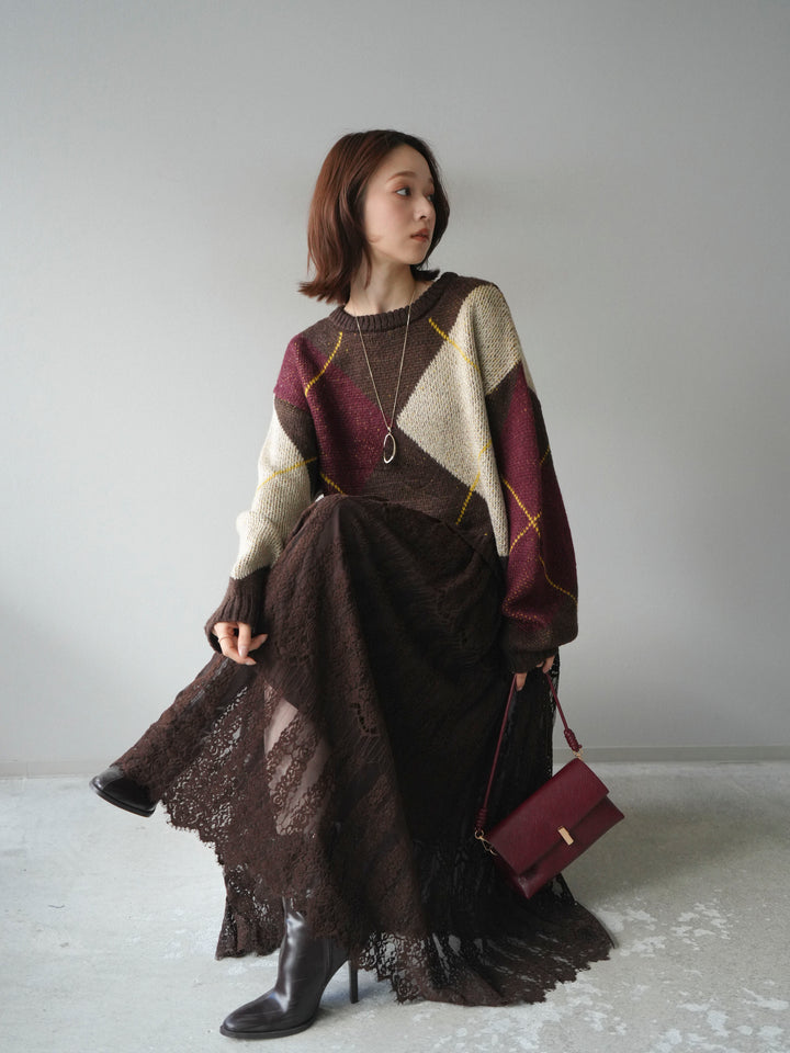 [SET]配色ステッチアーガイル柄ニットプルオーバー+ヴィンテージライクメッシュレーススカート(2set)