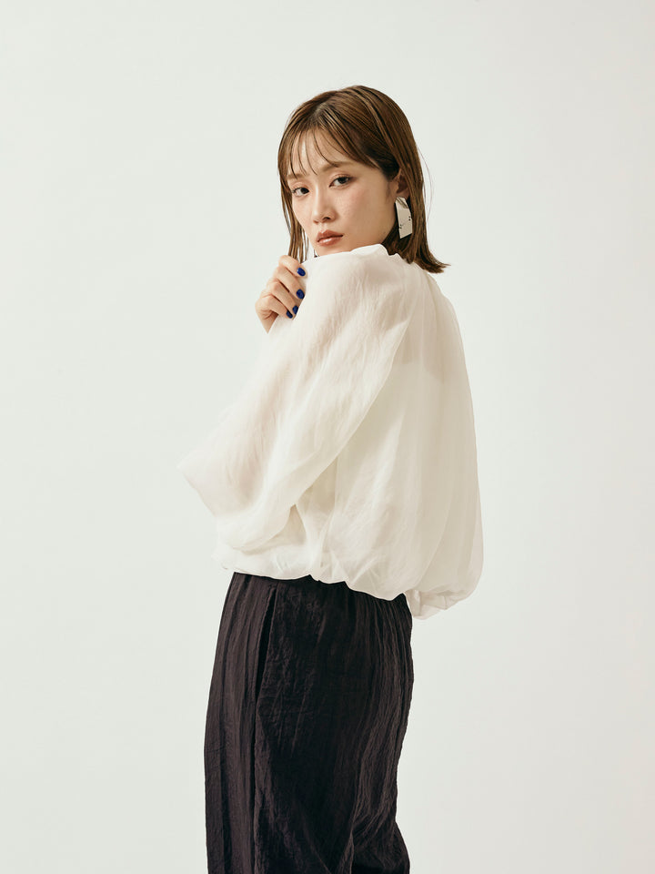 【Allure】[SET]オーガンジーバルーンショートブラウス+シャイニースラブシアーワイドパンツ(2set)