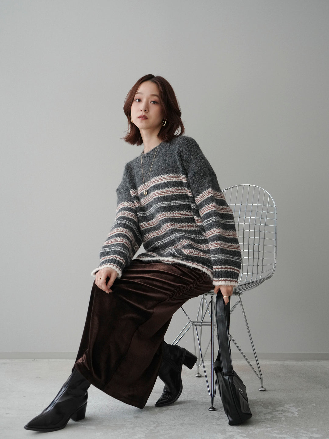 [SET]ステッチボーダーニットプルオーバー+ギャザーベロアスカート(2set)