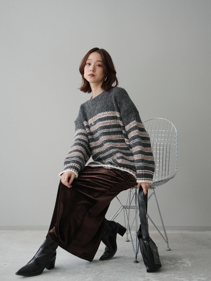 [SET]ステッチボーダーニットプルオーバー+ギャザーベロアスカート(2set)