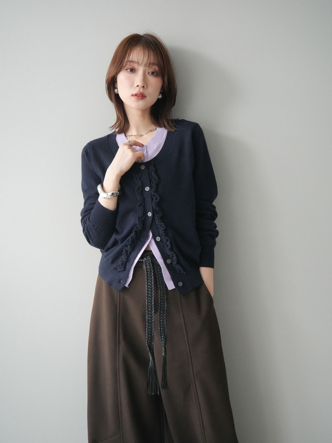 [予約]配色レイヤードフリルデザインニットカーディガン/black