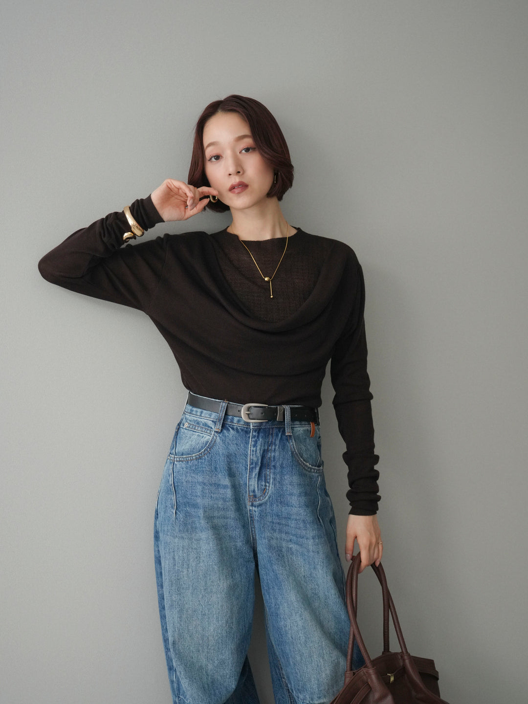 [予約]ボトルネックドレープレイヤードニットトップス/brown