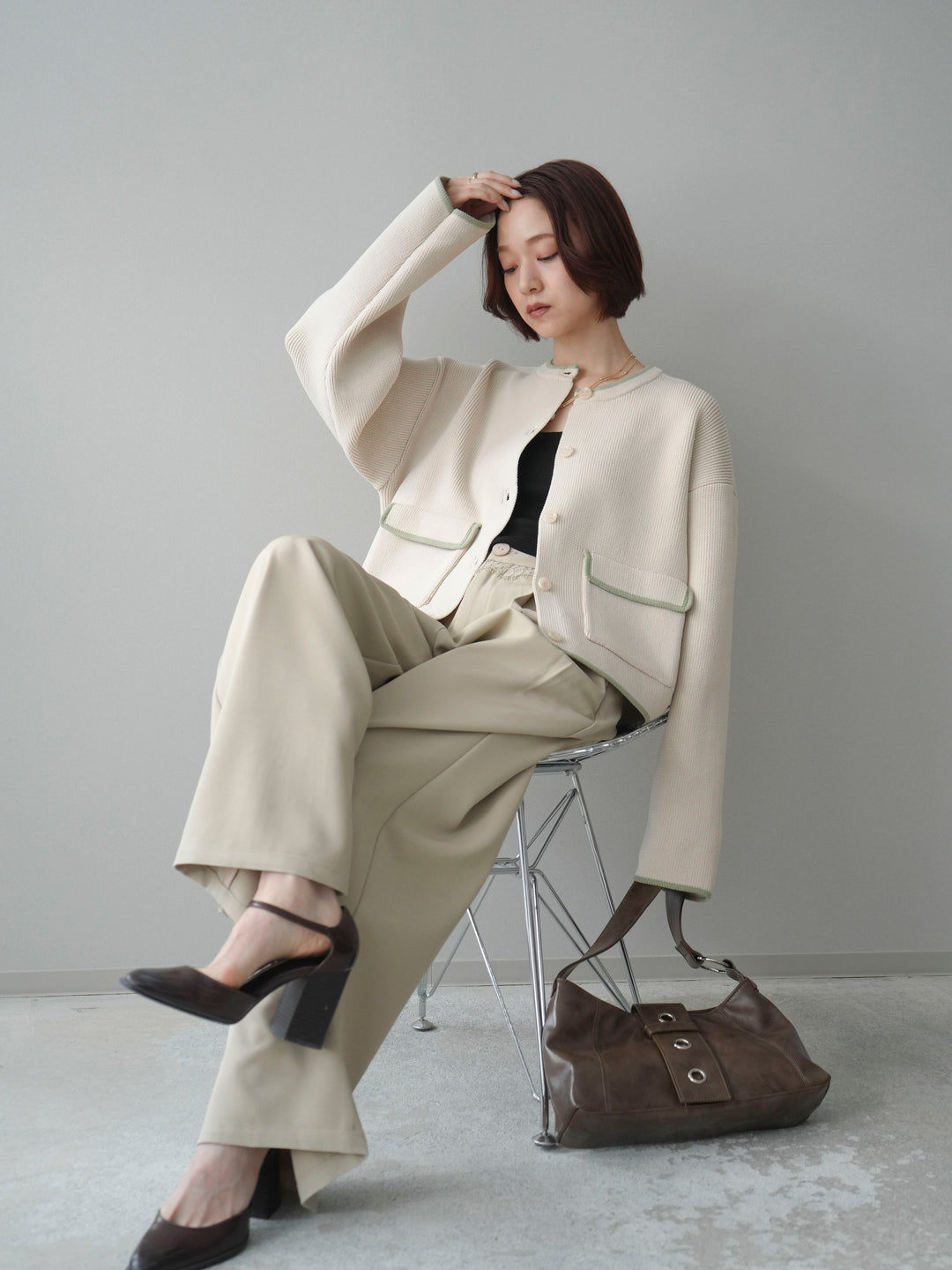 [SET]ポリエステル配色ニットカーディガン+ウエストレースタックワイドパンツ(2set)