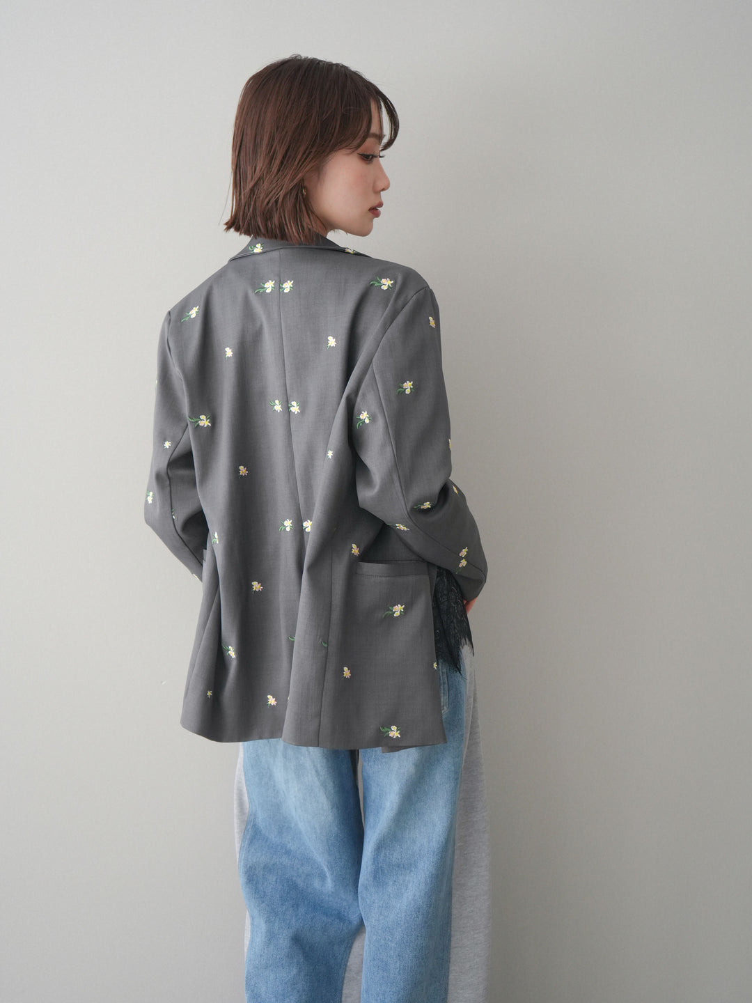 [予約]フラワー刺繍テーラードジャケット/gray