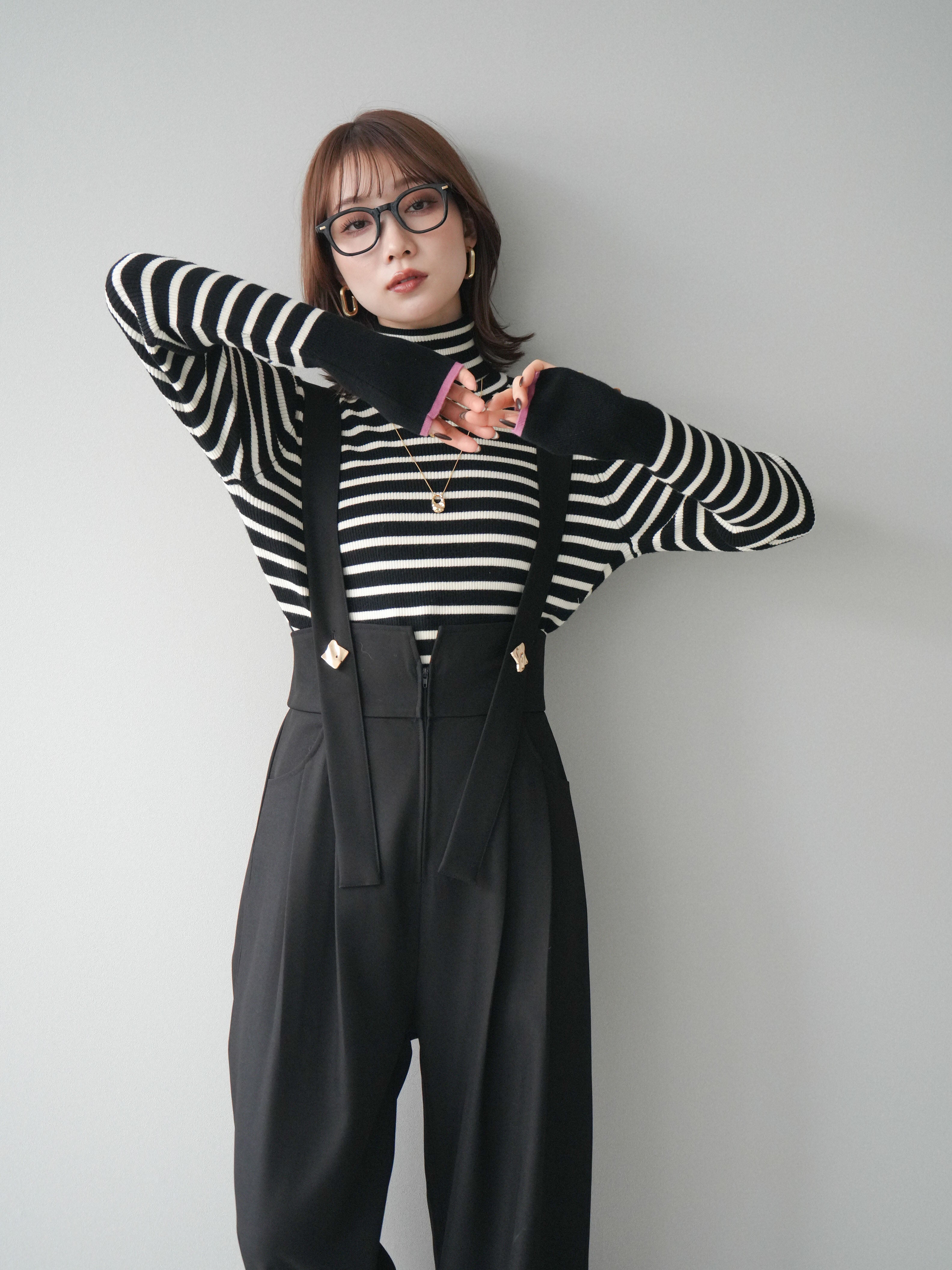 予約]袖配色ハイネックボーダーリブニットトップス/blackborderpink