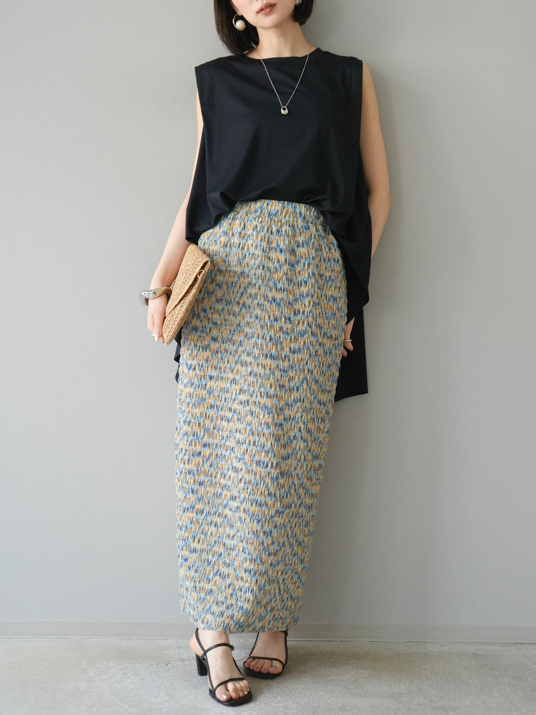 [予約]マルチカラーランダムプリーツタイトスカート/イエロー