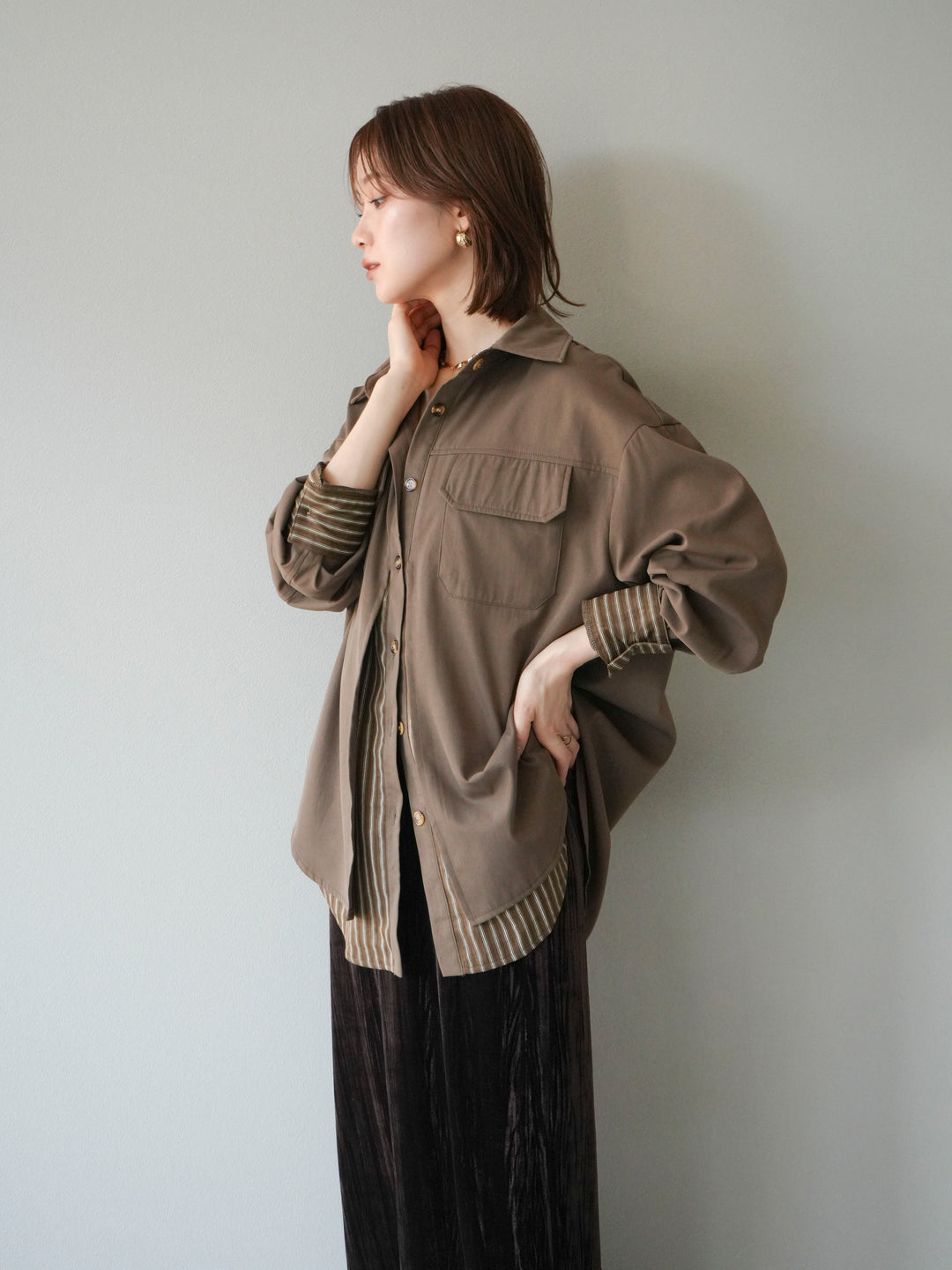 [予約]ストライプレイヤードシャツ/ブラウン