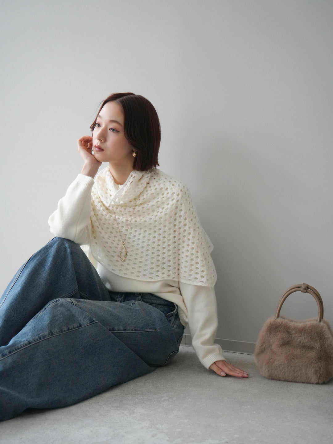 [予約]メッシュケープアンサンブルニットプルオーバー/white