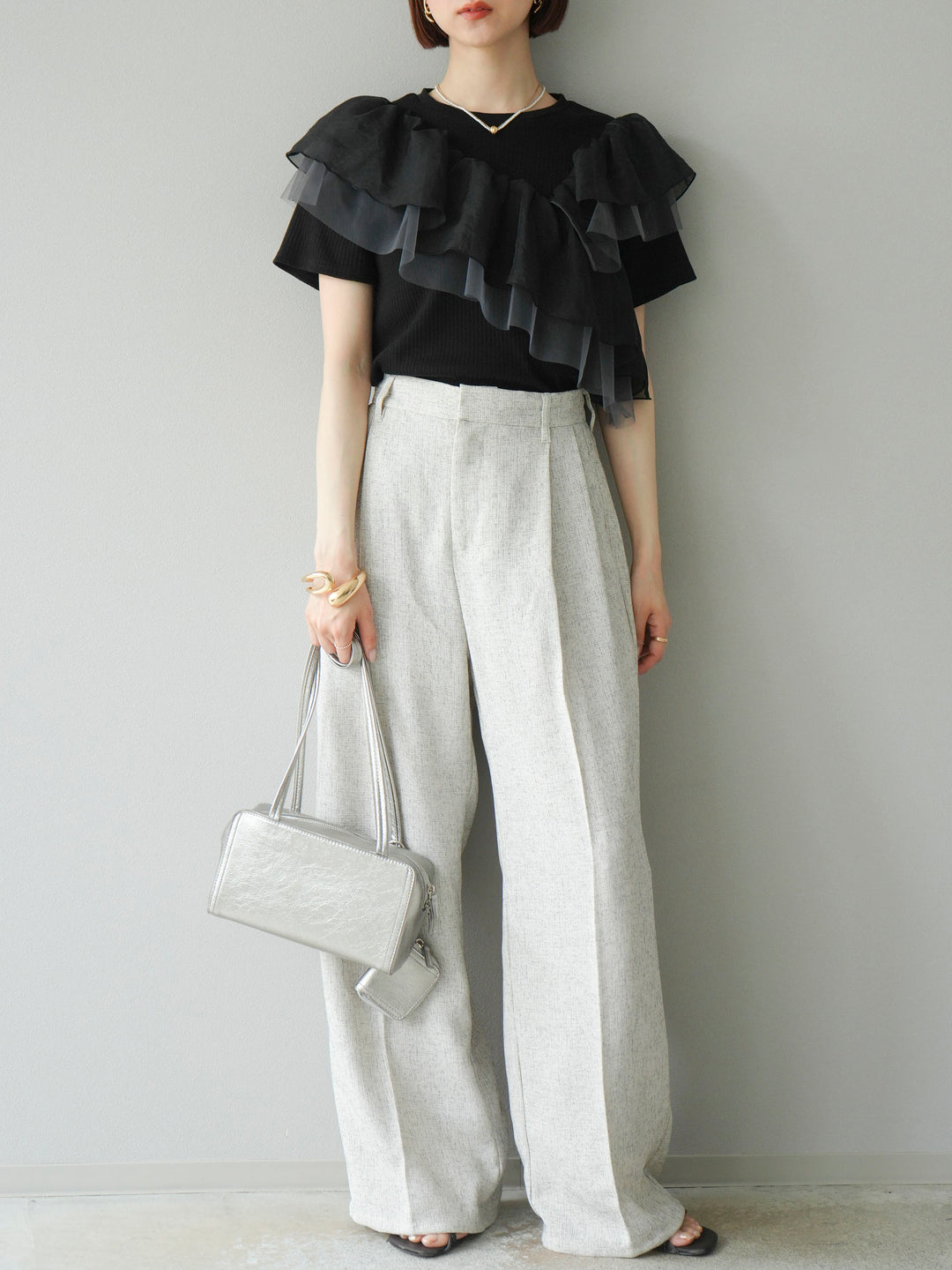 [予約]アシメフリルドッキングカットソー/ブラック