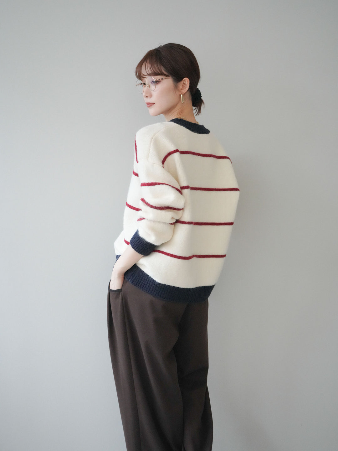 [予約]配色ボーダーニットカーディガン/red