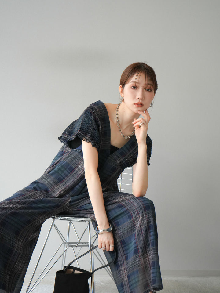 [套裝] 透視格紋褶皺背帶褲 + 配件套裝（2 套）