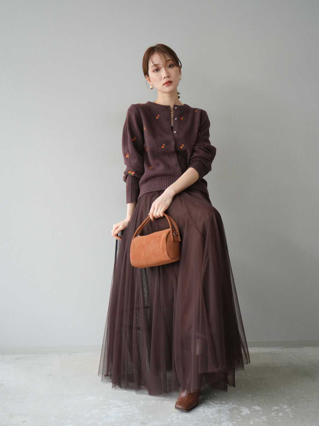 [SET]フラワー刺繍ニットカーディガン+チュールボリュームスカート(2set)