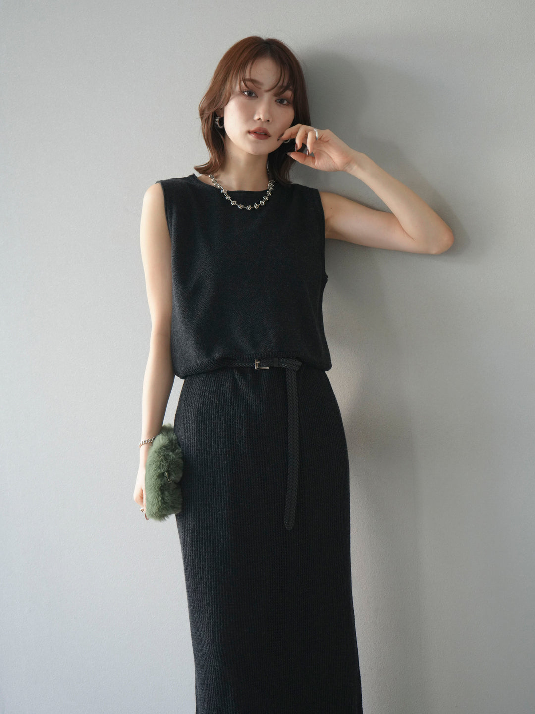 [予約]メッシュ切替ノースリーニットワンピース/darkgray