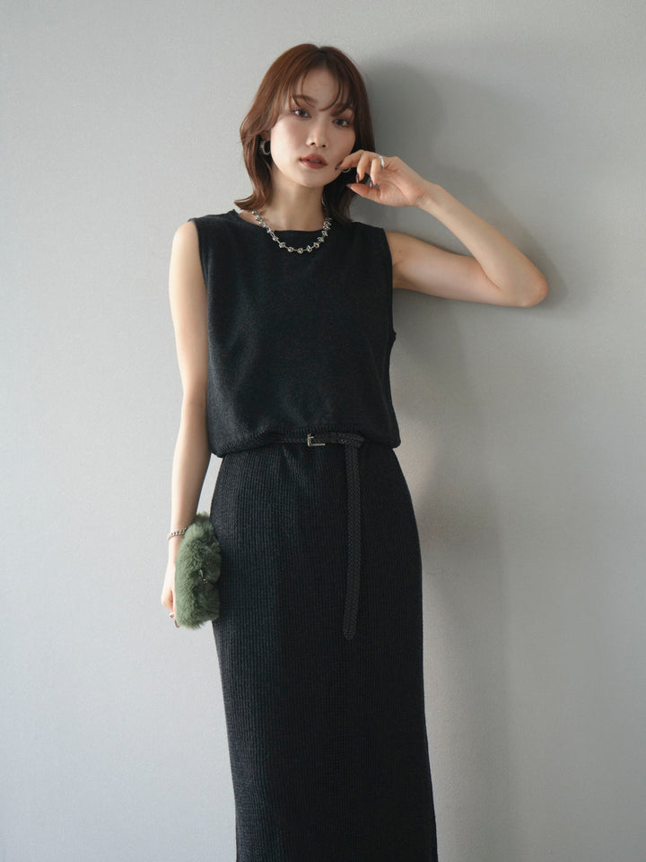 [予約]メッシュ切替ノースリーニットワンピース/darkgray