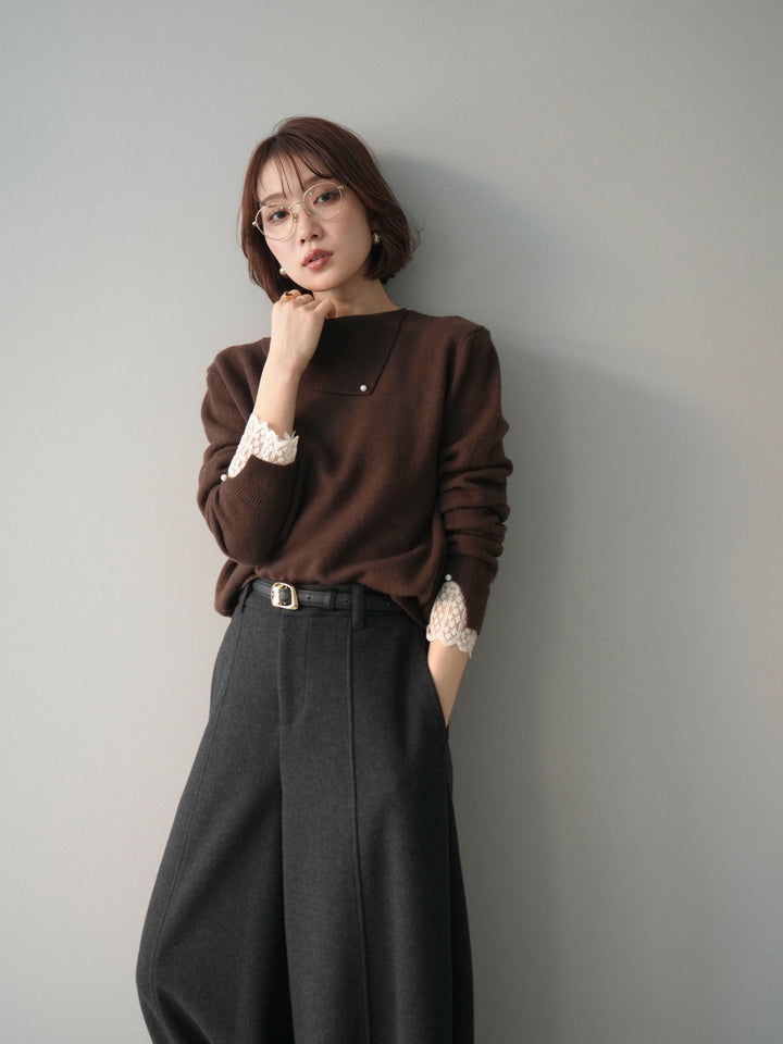 [SET]袖レースパール付き配色ニットトップス+ウールタッチカーブパンツ(2set)