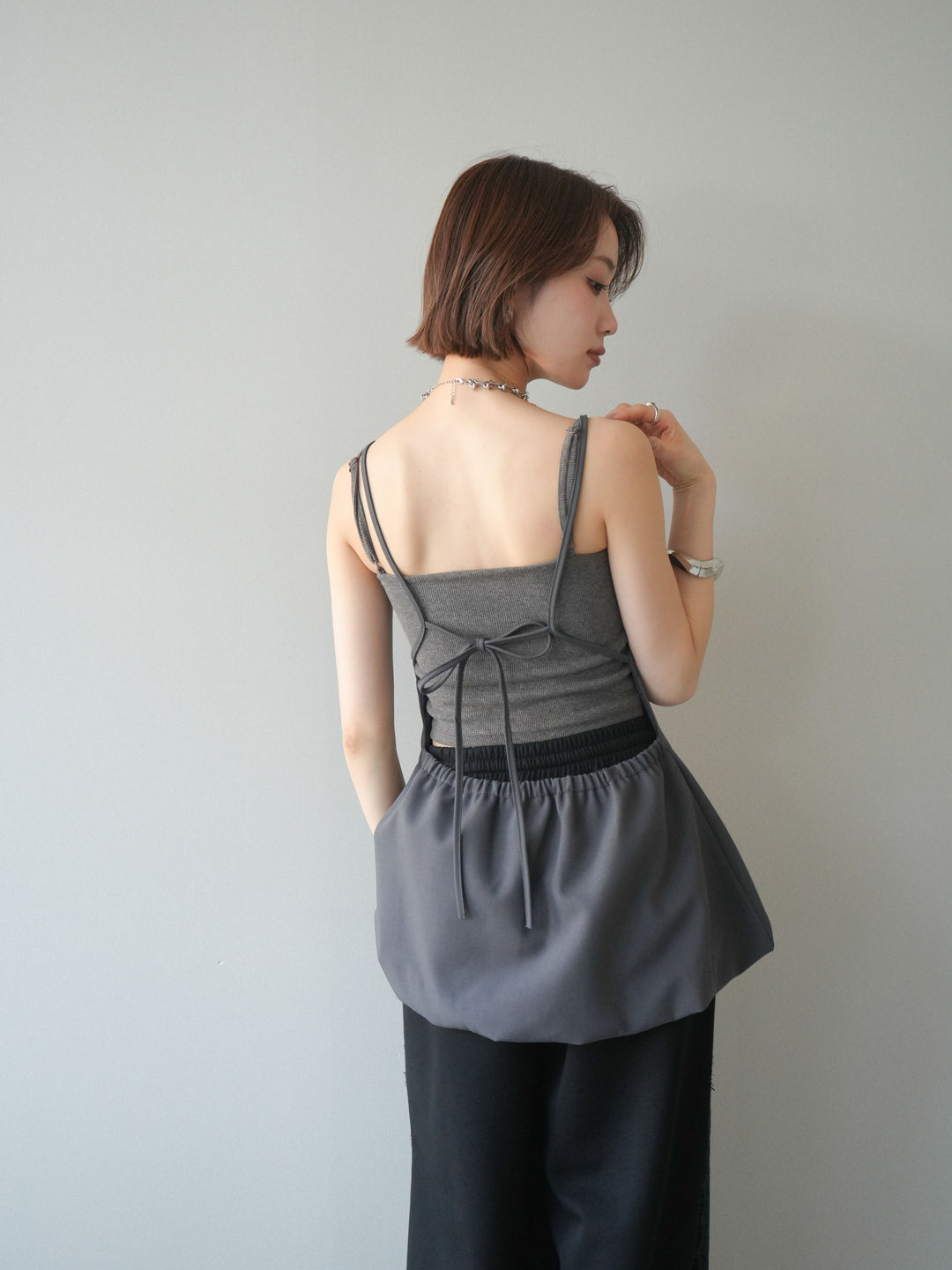 [SET]バックリボンバルーンチュニックキャミ+サイドレースポンチワイドパンツ(2set)