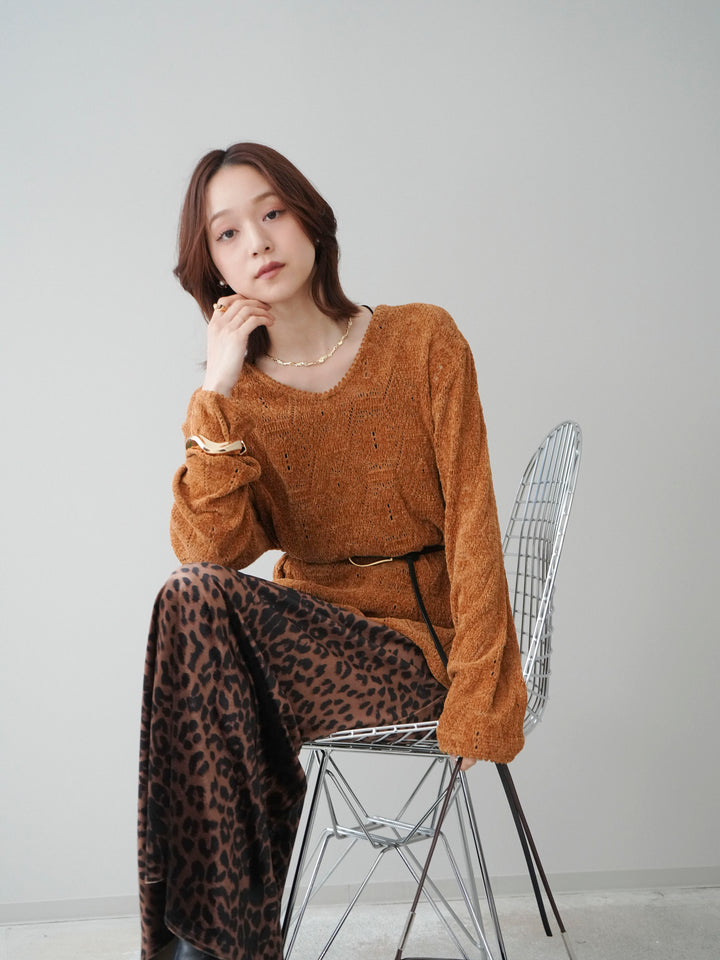 [SET]モール透かし編みニットトップス+レオパードベロアナロースカート(2set)