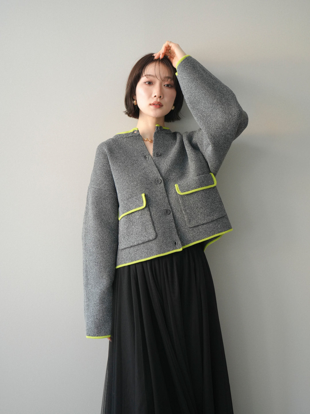 [SET]ポリエステル配色ニットカーディガン+選べるアクセセット(2set)