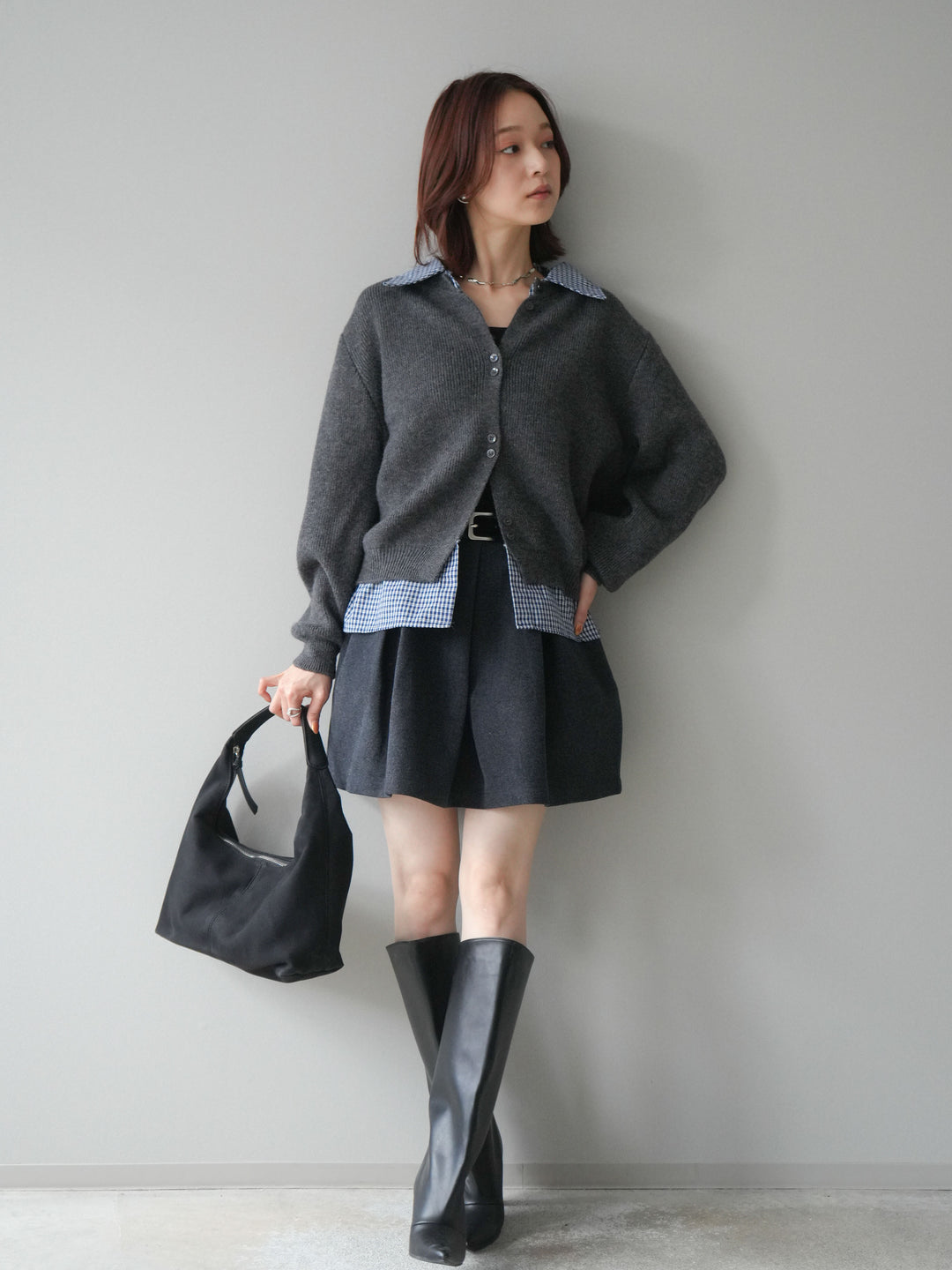 [予約]ベルト付きタックミニスカート/charcoal